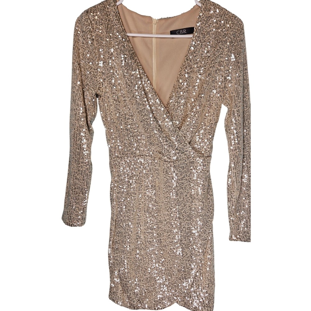 CBR Women Champagne Gold Sequin Long Sleeve V-Neck Tulip Hem Mini‎ Dress Size S